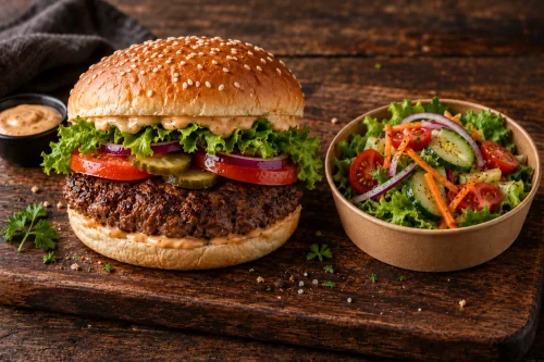 150g-beef-burger-meal-roodepoort 150g beef burger meal with house burger sauce, garnish and side salad