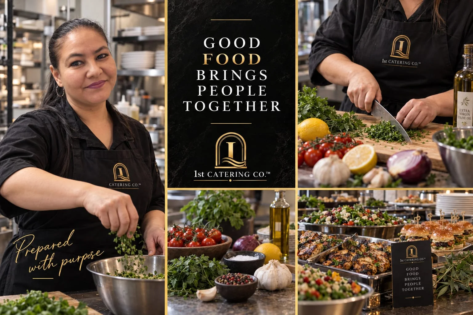 st Catering Co.™ chef preparing fresh ingredients alongside catered food, with the message “Good Food Brings People Together.”