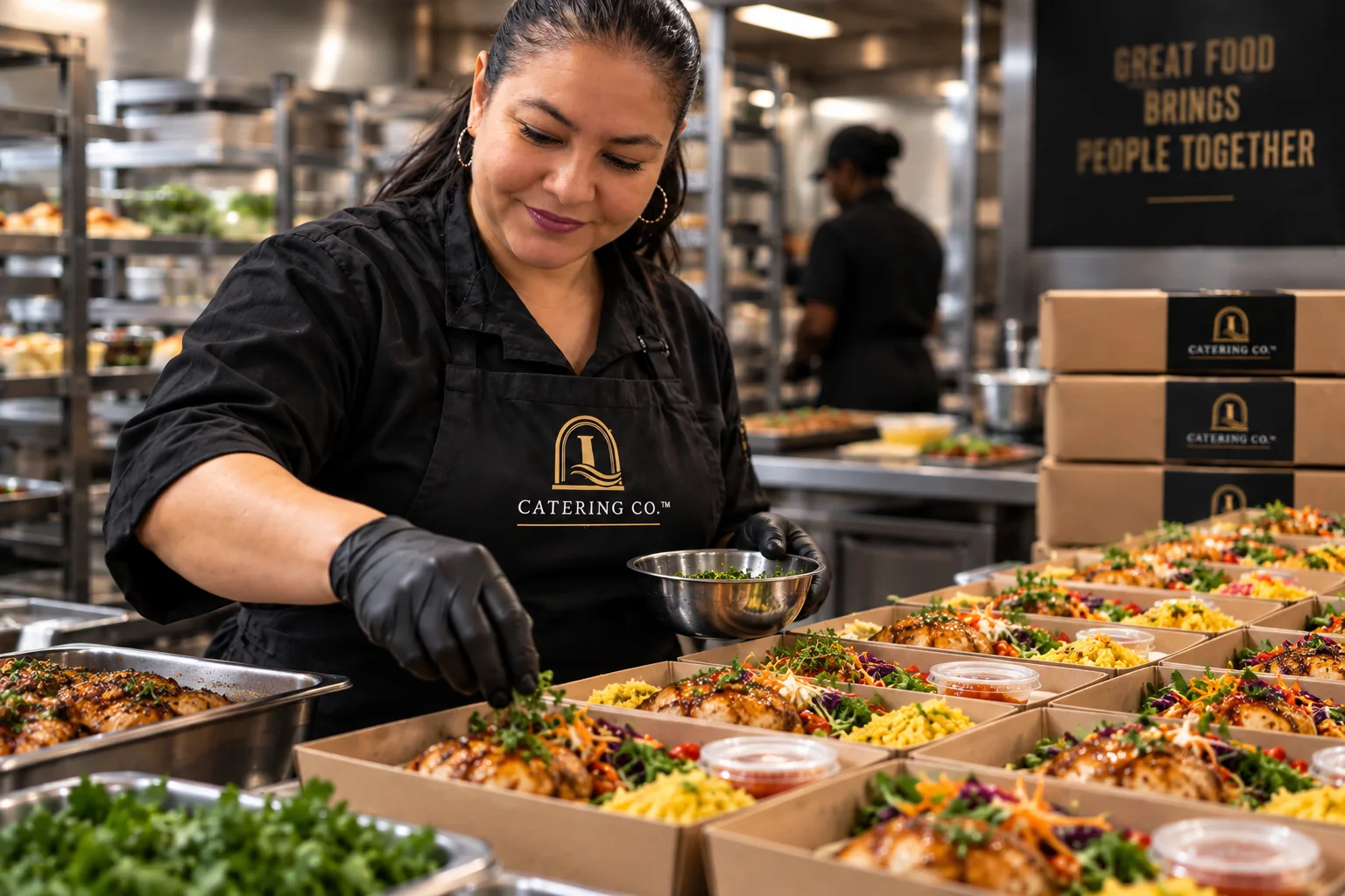 1st Catering Co.™ chef preparing and garnishing preordered delivered meals for group catering.