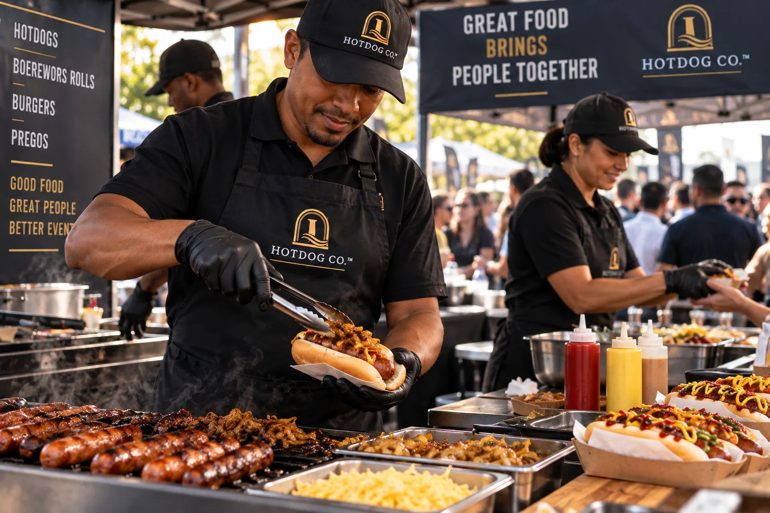 1st Hotdog Co.™ catering team preparing and serving hotdogs at a staffed outdoor event.