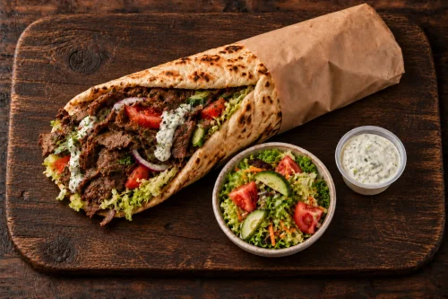 beef-doner-naan-wrap-meal-roodepoort Beef Döner naan wrap meal with Mediterranean garnish, side salad and tzatziki