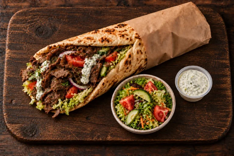Beef Döner naan wrap meal with Mediterranean garnish, side salad and tzatziki