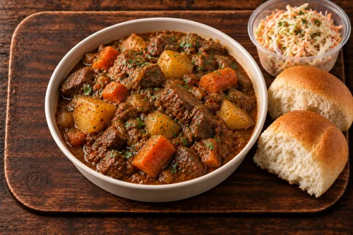 Beef stew potjie meal with potatoes, carrots, rich gravy and selected starch