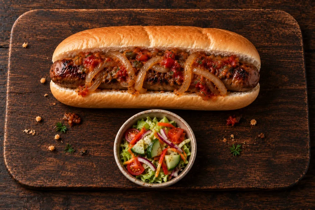 Boerewors roll meal with grilled boerewors, onion, relish and side salad
