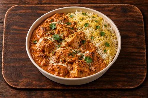 Butter chicken and rice meal with creamy house butter chicken sauce