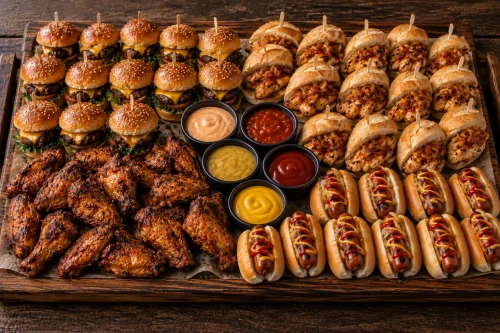 celebration-party-platter-roodepoort Party platter with beef burgers, chicken pregos, junior hotdogs and fried chicken wings