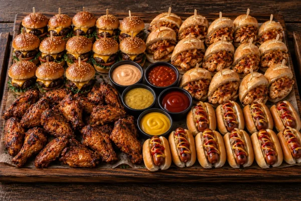 celebration-party-platter-roodepoort Party platter with beef burgers, chicken pregos, junior hotdogs and fried chicken wings