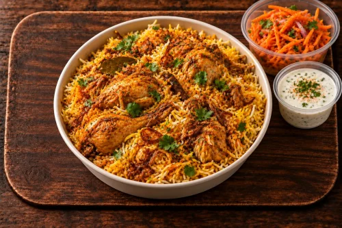 Chicken breyani meal with fragrant spiced rice, carrot salad and maas