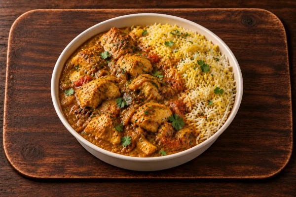 Chicken curry and rice meal with rich curry gravy and carrot salad