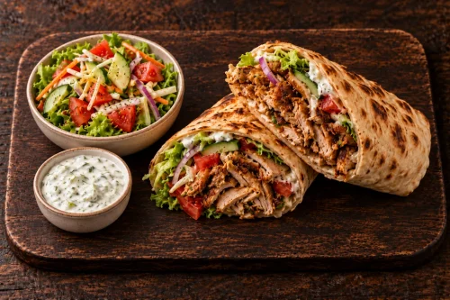 chicken-doner-naan-wrap-meal-roodepoort Chicken Döner naan wrap meal with Mediterranean garnish, side salad and tzatziki
