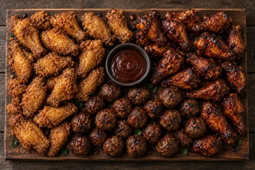 chicken-wing-meatball-platter-roodepoort Chicken wing and meatball platter with fried wings, sticky BBQ wings and BBQ meatballs