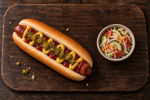 classic-hotdog-meal-roodepoort Classic hotdog meal with soft roll, house sauces, relish and side salad