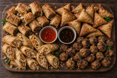 classic-samoosa-spring-roll-savoury-platter Classic savoury platter with beef and chicken samoosas, spring rolls and sausage rolls