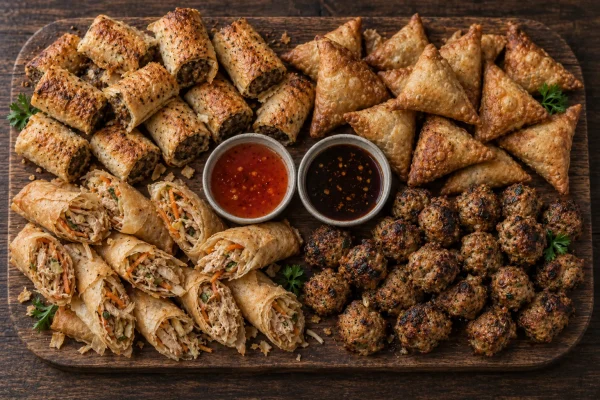 Classic savoury platter with beef and chicken samoosas, spring rolls and sausage rolls