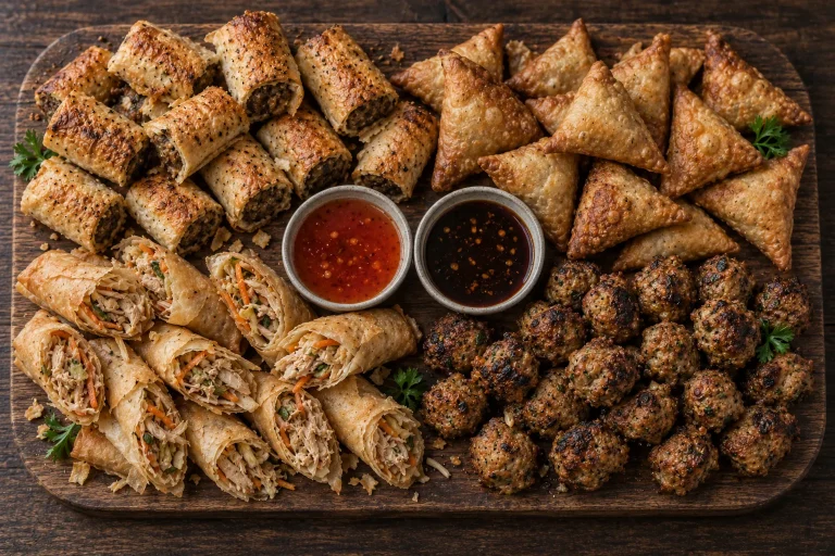 Classic savoury platter with beef and chicken samoosas, spring rolls and sausage rolls