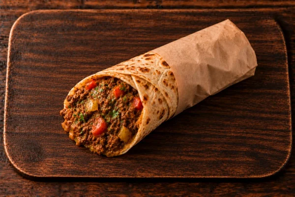 Curried beef mince salomie filled with seasoned beef mince in soft roti