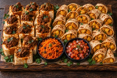 durban-bunny-chow-cape-malay-roti-platter-roodepoort Curry platter with mini Durban lamb bunny chows and Cape Malay chicken rotis