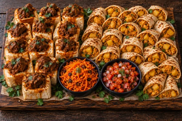 durban-bunny-chow-cape-malay-roti-platter-roodepoort Curry platter with mini Durban lamb bunny chows and Cape Malay chicken rotis