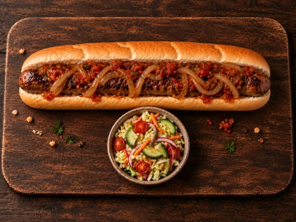 footlong-boerewors-roll-meal-roodepoort Footlong boerewors roll meal with grilled boerewors, onion, relish and side salad