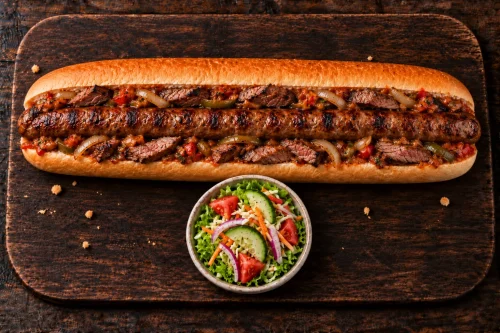 footlong-steak-wors-roll-roodepoort Footlong steak and wors roll with sliced beef steak, boerewors, onion, relish and side salad