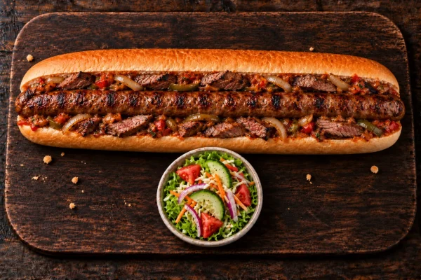 footlong-steak-wors-roll-roodepoort Footlong steak and wors roll with sliced beef steak, boerewors, onion, relish and side salad