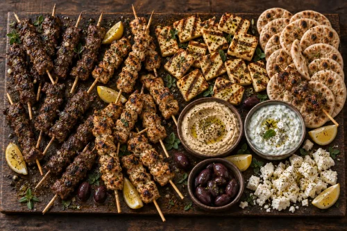 greek-souvlaki-halloumi-platter-roodepoort Greek souvlaki and halloumi platter with beef and chicken skewers, pitas, hummus and tzatziki