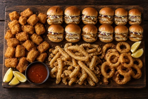 hake-slider-fish-calamari-platter-roodepoort Seafood platter with fish bites, grilled hake sliders, crumbed calamari and onion rings
