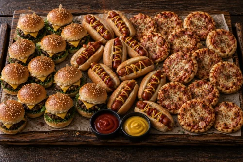 kids-party-platter-roodepoort Kids party platter with junior beef burgers, hotdogs and mini pizzas