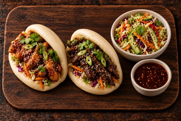 korean-bao-meal-roodepoort Korean bao meal with sticky chicken and beef bao, Asian slaw and dipping sauce