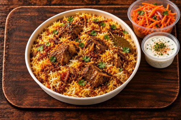 Lamb breyani meal with fragrant spiced rice, carrot salad and maas