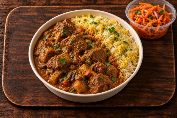 Lamb curry and rice meal with rich curry gravy and carrot salad