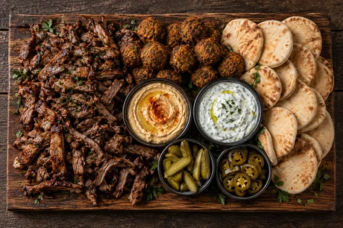 mediterranean-beef-mezze-platter-roodepoort Mediterranean beef mezze platter with grilled beef, falafel, mini pitas, hummus and tzatziki