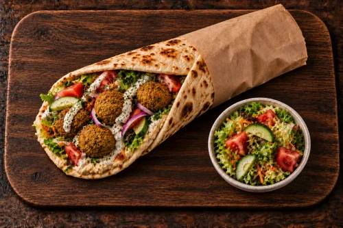 Mediterranean falafel wrap meal with hummus, garnish and side salad