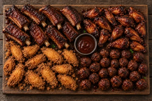 Pork rib and BBQ meat platter with chicken wings and meatballs