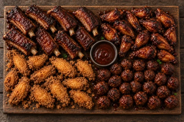 pork-rib-bbq-meat-platter-roodepoort Pork rib and BBQ meat platter with chicken wings and meatballs