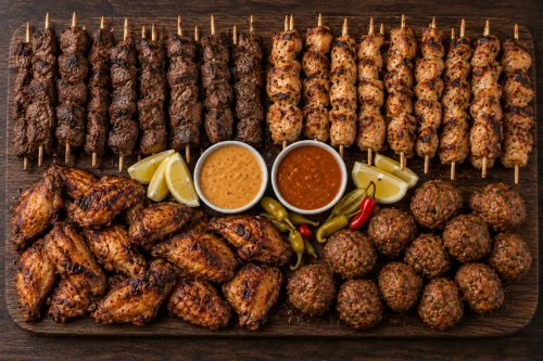 Portuguese espetada platter with flame-grilled rump, chicken skewers, wings and meatballs
