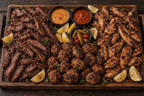 Portuguese steak and chicken platter with flame-grilled meat strips and spiced meatballs