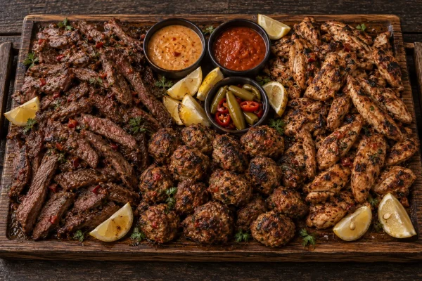 Portuguese steak and chicken platter with flame-grilled meat strips and spiced meatballs