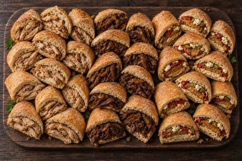 Premium filled roll platter with roast chicken, BBQ steak and vegetarian rolls