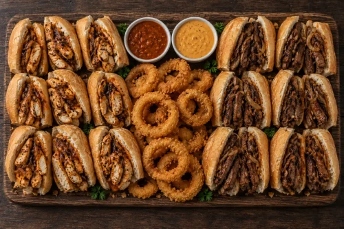 premium-prego-platter-1st-catering-co Portuguese prego platter with chicken and beef pregos, onion rings and house sauces