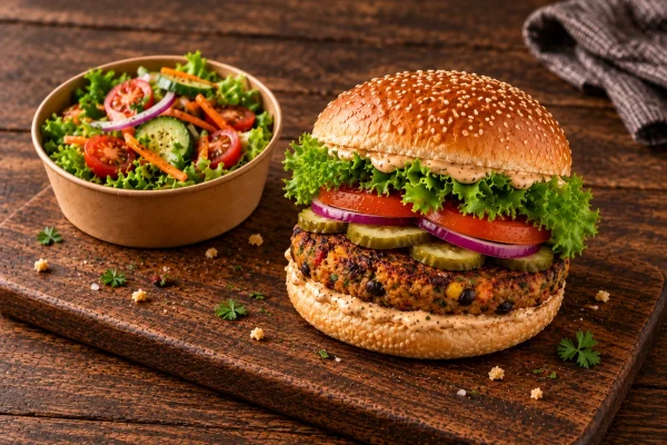 vegetarian-burger-meal-roodepoort Vegetarian burger meal with house garnish, sauce and side salad